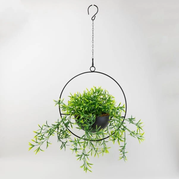 Artificial Trailing Plant In Black Industrial Round Hanging Plant Pot 1 Artificial Trailing Plant In Black Industrial Round Hanging Plant Pot