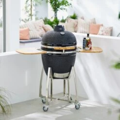 Tower Kamado XL Ceramic Charcoal BBQ With Wooden Shelves, Black -Garden Supply Store 30849205 alt04