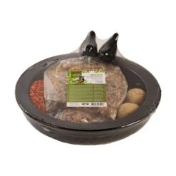 Fallen Fruits Bird Bath Ceramic Black Round With Bird Food