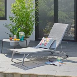 Grey Textilene Lounger With Wheels