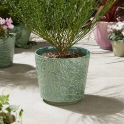 Leaf Embossed Stoneware Plant Pot -Garden Supply Store 30927965