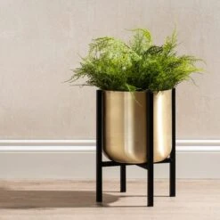 Gold Metal Plant Pot With Black Stand -Garden Supply Store 30958136