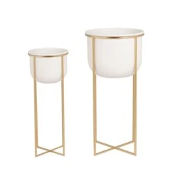Set Of 2 White & Gold Metal Plant Stands 7 Set Of 2 White & Gold Metal Plant Stands -Garden Supply Store 30983095 alt03